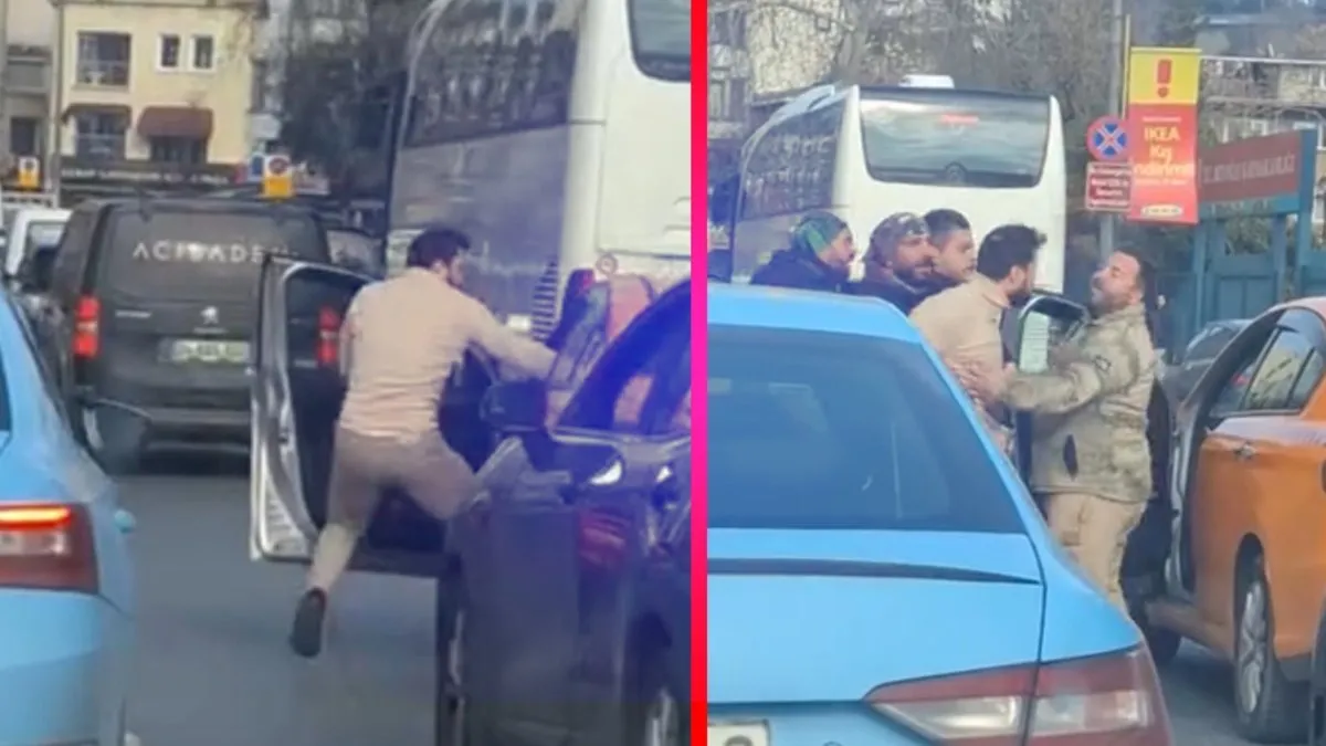Trafiği hiçe sayıp yol ortasında birbirlerine girdiler! Tekmeli yumruklu kavga kamerada
